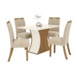 Conjunto de Mesa de Jantar Luna I com Vidro e 6 Cadeiras Grécia Veludo Creme e Off White