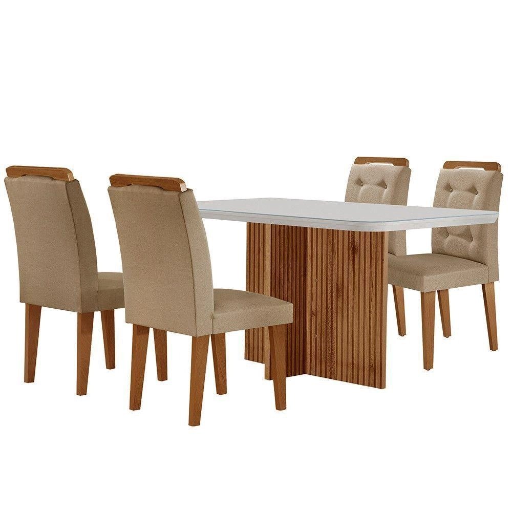 Sala De Jantar Mesa Olímpia 120cm Mdf Vidro Canto Copo Com 4 Cadeiras Turim  Off White  Imbuia